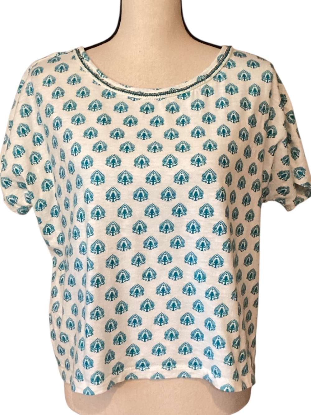 Sundance Block Print Boxy Top Boho Short Sleeve Relaxed Split Back Shirt